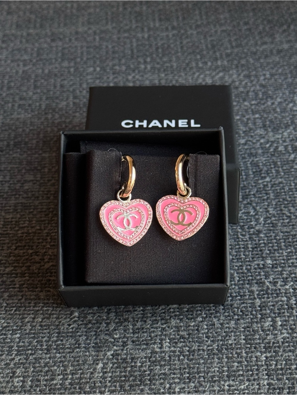 CHANEL Gold-Tone Pink Heart Logo Hoop Drop Earrings